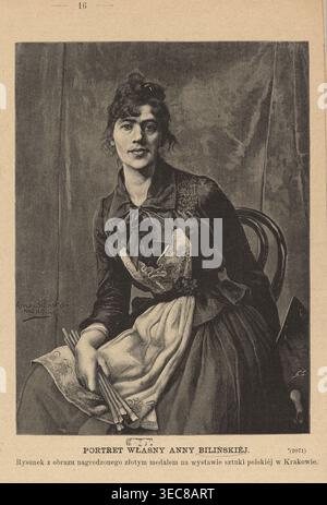 Riproduzione di un dipinto: Anna Bilińska-Bohdanowicz 1857–1893, Autoritratto; riproduzione xilografica di Andrzej Zajkowski 1851–1914; pittura; pittura polacca; riproduzione di un'opera d'arte; autoritratto; pittrice femminile; ritratto di una donna; ritratto di un'artista femminile; strumenti di pittura; grafica; 1888; Varsavia., una donna seduta con capelli scuri rifiniti e ricci morbidi intorno al viso indossa un abito scuro con un fiocco al colletto e un grembiule chiaro avvolto sulle ginocchia; si siede su una sedia di legno curva e tiene un fascio di bastoncini o spazzole sottili, mentre un panno piegato poggia sul ginocchio. Il Foto Stock