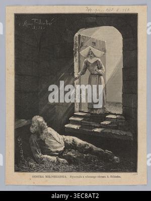 Sorella della Misericordia; 1882; dipinto di Anna Bilińska-Bohdanowiczowa Anna Bilińska, 1854–1893 riprodotto come illustrazione; xilografia di Michał Kluczewski fl. 1869–1890; oggetto: Figlie della Carità / Suore della Carità suore e prigionieri nelle carceri; pittura polacca; grafica; illustrazione stampa. Uno spazio interno scuro incorniciato da muri in pietra e da una porta ad arco, con raggi di luce che attraversano la porta aperta; una donna che indossa un copricapo di colore chiaro e un lungo vestito sta nella porta che tiene la porta, i suoi vestiti e il suo volto illuminati dalla luce in entrata; un uomo barbato dalla luce in semplice, Foto Stock