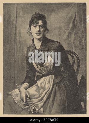 Riproduzione di un dipinto: Anna Bilińska-Bohdanowicz 1857–1893, Autoritratto; pittura; pittura polacca; riproduzione di un'opera d'arte; ritratti, autoritratti, ritratti di donne, ritratti di artisti femminili; pittrice femminile; 1893; strumenti di pittura; grafica; Varsavia., Un ritratto monocromatico mostra una donna seduta che indossa un abito scuro con un grande fiocco allo scollo e un panno simile a un grembiule di colore chiaro drappeggiato in grembo; tiene in mano alcuni bastoncini o spazzole sottili e un tessuto leggero piegato o fazzoletto nell'altra. I suoi capelli sono scuri e tirati su con ricci morbidi che la incorniciano Foto Stock