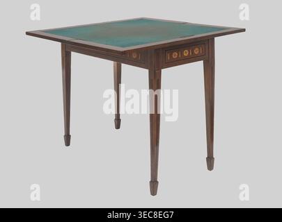 Tavolo da gioco, giochi, stile classico, ornamento rosetta, scacchiere, vasi. Tavolo da gioco classico, rettangolare, quadrato quando aperto, sostenuto da quattro gambe convergenti angolari con piedini a cuneo, impiallacciato e intarsiato. La parte superiore è divisa in tre campi rettangolari, racchiusi da un nastro e due vene, riempiti di vasi più esterni e di una scacchiera. XVIII/XIX secolo, Europa centrale, forse Gdańsk. Mobili, mobili da gioco. Altezza 77 cm, larghezza 42,5 cm, profondità 86 cm., tavolo in legno con gambe rastremate e piano rettangolare rivestito in feltro verde, che mostra un bordo in legno intorno al feltro e decorativo Foto Stock