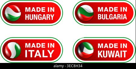 Prodotto in Ungheria, Italia, Bulgaria, Kuwait - Set di marchi del Paese di origine con bandiere che hanno i colori Rosso, bianco e Verde Illustrazione Vettoriale