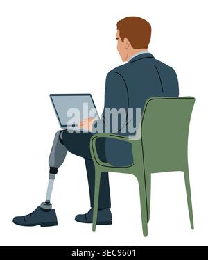 Uomo con una protesi alla gamba che lavora su un laptop. Illustrazione Vettoriale