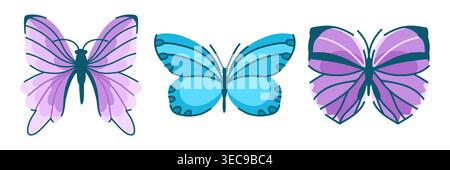 Set di farfalle stilizzate con ali aperte nei colori viola e blu, insetti per la decorazione e il design Illustrazione Vettoriale