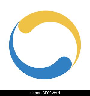 Logo circolare astratto a vortice, bilanciamento dinamico, design curvo giallo-blu Illustrazione Vettoriale