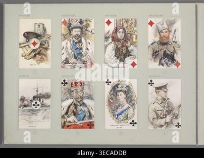 The Jack of Diamonds - cosacco a cavallo, Tański, Czesław (1862-1942), illustratore, restituzione, prima guerra mondiale (1914-1918), soldati, carte da gioco, cavalli, cosacchi, esercito russo, uniformi, Polonia, 1916–1917, Varsavia, disegnare, Un foglio montato che mostra una griglia di immagini illustrate delle dimensioni di una carta da gioco, ciascuna ambientata in una cornice rettangolare bianca su un supporto grigio-verde pallido; le immagini includono una natura morta di un berretto militare, uno strumento a corde e altri oggetti in marrone, verde, rosso e beige; un ritratto di un uomo barbuto che indossa abiti ornati e un cappello di pelliccia nelle sfumature di marrone, bianco e blu Foto Stock