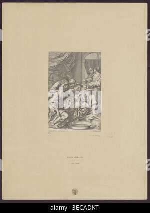La nascita di Maria; Sandrart, Jakob von (1630-1708), editore; Maratti, Carlo (1625-1713), incisore; scena religiosa raffigurante Maria (madre di Gesù Cristo) e la nascita di Maria con i bagni; apocrifo; copie da incisioni; copie rovesciate; rivisitazione; prima del 1708; stampa; altezza 21,3 cm; larghezza 14 cm, Una scena centrale rettangolare stampata raffigura un gruppo di figure raccolte in interni con tendaggi e un arco sullo sfondo; diverse persone indossano abiti scorrevoli e teli per la testa, una figura tiene un bambino piccolo, e un'altra si appoggia in avanti con un braccio esteso verso un lavabo sul pavimento. Foto Stock