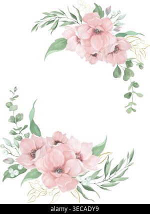 Cornice floreale rosa acquerello con fiori di anemone, eucalipto, arte linea oro. Romantici angoli botanici isolati su sfondo bianco. Vettore. Illustrazione Vettoriale