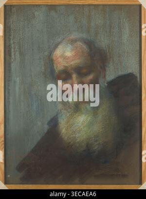 Ritratto di un vecchio barbuto, Jan Mirosław Peske (1870–1949), polacco/francese. Studio ritratto maschile, ca. 1892, Parigi. Pastello su carta, 65,7 x 50,0 cm., un uomo anziano con barba piena è raffigurato in un ritratto morbido e pittorico, la sua testa leggermente inclinata verso il basso e gli occhi chiusi, suggerendo una posa riposante o contemplativa; la barba mostra sfumature di bianco, grigio, giallo pallido, e sfumature di verde, mentre la pelle del viso presenta calde sfumature rossastre sfumature di marrone e beige, e blu con tocchi di viola; indossa un vestito scuro Foto Stock