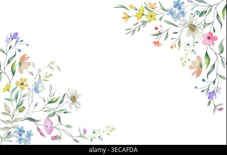 Cornice di sfondo con cornice d'angolo con fiori selvatici ad acquerello e spazio di copia. Illustrazione del prato botanico con margherite, fiori blu e foglie verdi. Illustrazione Vettoriale