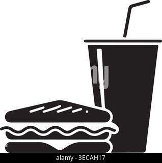 Icona grafica stilizzata raffigurante un semplice panino e una bevanda in una tazza con una cannuccia, che rappresenta piatti veloci, takeout, fast food e. Illustrazione Vettoriale
