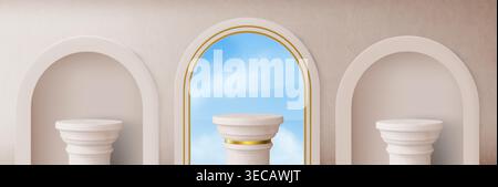 Colonne romane su sfondo beige con finestre ad arco. Illustrazione vettoriale realistica del podio in marmo antico sullo sfondo blu del cielo, decorata con elementi di design dorati, elegante visualizzazione di gallerie 3D. Illustrazione Vettoriale