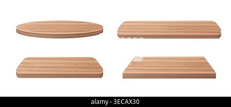 Podio in legno con trama a grana naturale, realistica illustrazione vettoriale isolata su sfondo bianco. Piattaforme di forma diversa, basi marrone chiaro per l'esposizione dei prodotti Illustrazione Vettoriale