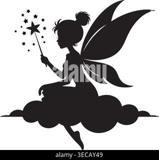 Stravagante silhouette nera raffigurante una fata magica con ali eleganti, arroccata delicatamente su una nuvola, che crea stelle scintillanti con la sua incantata. Illustrazione Vettoriale