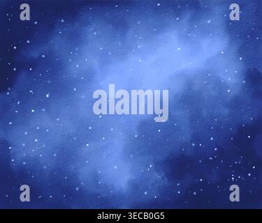 Sfondo vettoriale ad acquerello del cielo stellato, spazio blu profondo con stelle luminose, morbide nuvole astratte e atmosfera cosmica da sogno, elegante illustrazione celeste Illustrazione Vettoriale