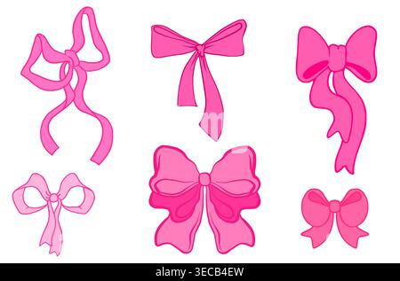 Eleganti archi rosa isolati su sfondo bianco. Illustrazione vettoriale di un nastro di coquette vintage per una cornice d'invito, un biglietto di compleanno, una lettera romantica, graziosi dettagli di moda in pizzo Illustrazione Vettoriale