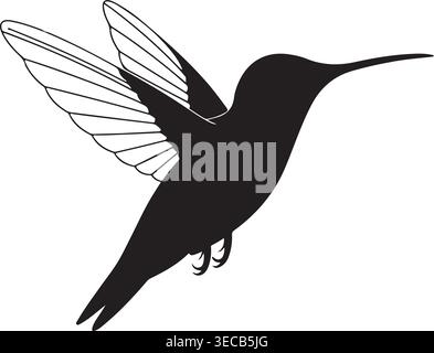 Elegante silhouette nera di un colibrì in un volo dinamico con ali dettagliate, un'illustrazione vettoriale minimalista perfetta per la natura, la libertà e. Illustrazione Vettoriale