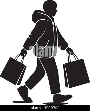 Silhouette di una persona in una giacca con cappuccio che cammina con due borse della spesa. Rappresenta il consumismo, gli acquisti, l'attività al dettaglio e il successo. Illustrazione Vettoriale