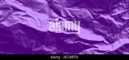Sfondo carta arricciata a mezzitoni viola scuro. Sfondo della pagina di carta sgualcita tratteggiata. Trama ruvida e ruvida. Sovrapposizione di superfici deformate di cartoni animati pop art. Foglio di pagina danneggiato con effetto grunge obsoleto. Vettore Illustrazione Vettoriale