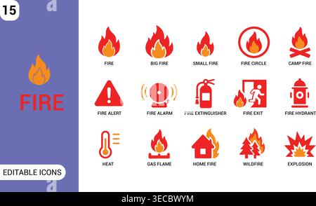 Set di icone di fuoco. Raccolta di icone vettoriali modificabili per sicurezza antincendio, allarme, emergenza, fiamma, estintore e pericolo Illustrazione Vettoriale