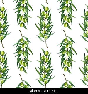 Motivo senza cuciture con rami di ulivo, frutta e foglie verdi. Illustrazione ad acquerello disegnata a mano. Perfetto per tessuti, etichette, stampe e decorazioni Foto Stock
