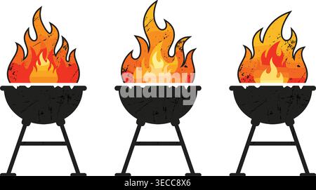 Collezione di icone di fiamme per barbecue in stile invecchiato con temi di cucina, estate, calore, picnic e preparazione di cibi all'aperto Illustrazione Vettoriale