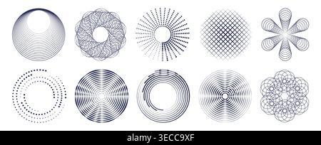 Pattern circolare con punti mezzitoni, onde di energia radiali, icone vettoriali astratte isolate sullo sfondo. Elementi geometrici moderni, forme a reticolo, effetto turbolenza a spirale, texture sfumata a ondulazione Illustrazione Vettoriale
