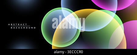 I cerchi traslucidi colorati si sovrappongono allo spazio scuro, lo sfondo astratto con gradiente geometrico, il bagliore al neon e lo scintillio iridescente creano futuristici Illustrazione Vettoriale