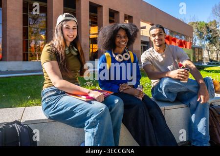 Diversi studenti seduti sul muro del campus si godono una pausa Foto Stock