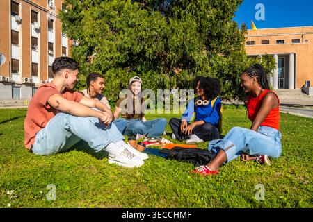 Diversi studenti seduti sull'erba che studiano nel campus Foto Stock