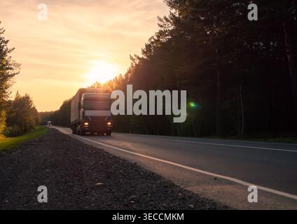 Un grande camion commerciale viaggia lungo l'autostrada circondato da una fitta pineta al tramonto Foto Stock