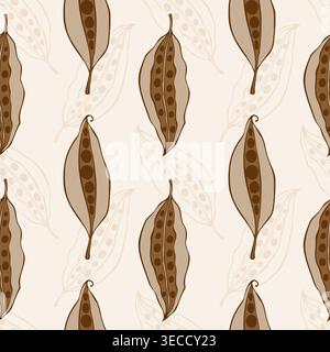 motivo botanico senza cuciture con cialde e semi di carrubo in uno stile boho minimalista. Una tavolozza calda e terrosa di beige, marrone e terracotta. Perfetto Illustrazione Vettoriale