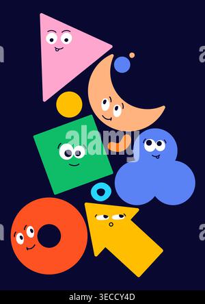 Poster con facce geometriche su sfondo blu. Elementi colorati con emozioni diverse. Illustrazione Vettoriale