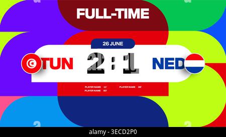 Tunisia vs Paesi Bassi calcio 2026 annuncio del punteggio a tempo pieno con sfondo dinamico astratto. Illustrazione Vettoriale