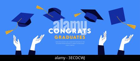 Corso di laurea del 2026. Cappucci , mortai e coriandoli su fondo blu, lanciati in aria. illustrazione vettoriale, design striscione Illustrazione Vettoriale