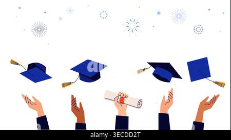 Corso di laurea del 2026. Cappucci , mortai e coriandoli su fondo blu, lanciati in aria. illustrazione vettoriale, design striscione Illustrazione Vettoriale