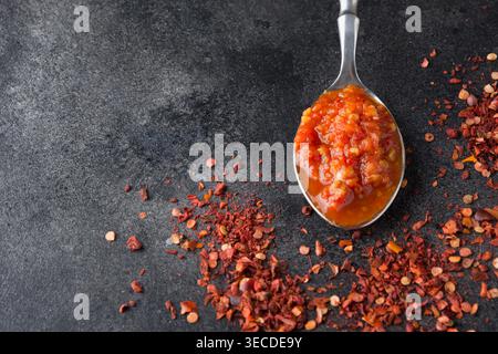 Salsa tradizionale di peperoncino piccante jadika harissa in cucchiaio nero. Tunisia, cucina georgiana e araba. Primo piano. Spazio per il testo. Foto Stock