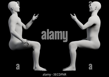 Un manichino è raffigurato in due viste, gestando con le mani aperte, su uno sfondo nero dello studio. L'immagine è ideale per l'uso nella moda, nel design, Foto Stock