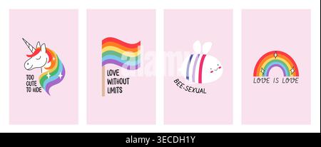 Set di striscioni verticali per il mese dell'orgoglio con unicorno arcobaleno, bandiera dell'orgoglio e ape bisessuale. Modelli di storia dei social media LGBTQ retrò per includervi Illustrazione Vettoriale