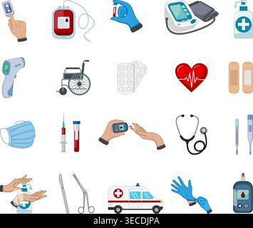 Set di articoli medici. Siringa, provetta, tonometro, maschera medica, termometri, compresse, antisettico, glucometro, pulsossimetro, sedia a rotelle, e molto altro ancora Illustrazione Vettoriale