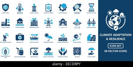 Collezione professionale di ventotto icone della resilienza climatica in blu navy e azzurro. Include simboli per l'analisi della temperatura e il ripristino costiero Illustrazione Vettoriale