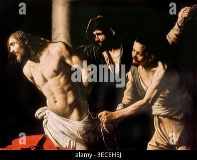 Caravaggio – Cristo alla colonna / Flagellazione (1607), olio su tela. Barocco italiano passione flagellante colonna Gesù legato tormentori corde sudore sangue resistenza divina agonia spirituale drammatica chiaroscuro sofferenza sacra | Archiverse: Arte religiosa Foto Stock