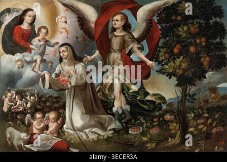 Scuola Cuzco – Santa Rosa de Lima (XVIII secolo), olio su tela. Patrono religioso coloniale peruviano, la rosa mistica spine visioni divine caratteristiche indigene corona floreale iconografia mestizo estasi spirituale protettore di Lima | Archiverse: Arte religiosa Foto Stock