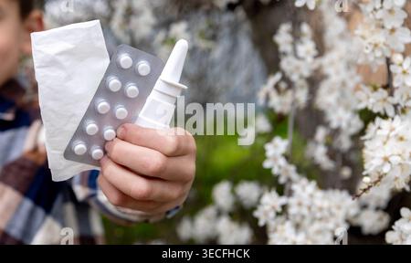 Bambino che tiene spray nasale, pillole e tessuti contro un albero in fiore. Allergia. Foto Stock
