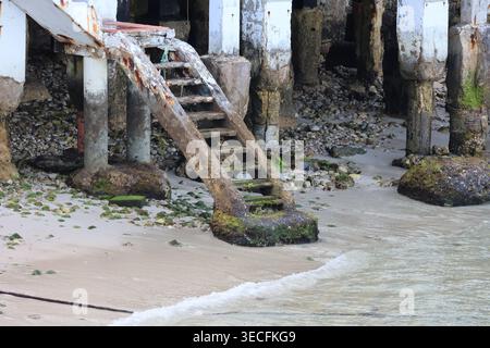 Primo piano di vecchie scale di cemento intemprate coperte di muschio verde che conducono a una spiaggia sabbiosa con ciottoli e piccole onde oceaniche. Foto Stock