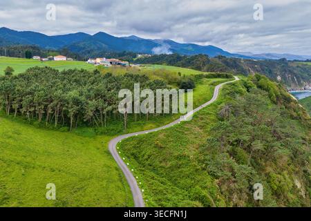 Vista aerea di una strada tortuosa lungo le lussureggianti scogliere verdi vicino al punto panoramico di Silence Beach con foreste di pini e montagne sotto un cielo nuvoloso a Cudil Foto Stock