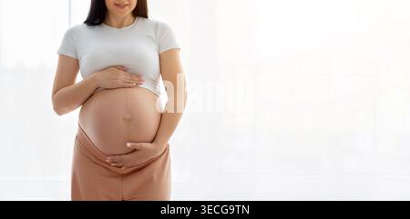 Vista ravvicinata della donna incinta che tocca la pancia con le mani Foto Stock