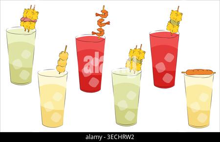 Illustrazione vettoriale di bevande alcoliche con spuntini in cima Illustrazione Vettoriale