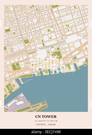 Mappa urbana dettagliata e layout architettonico della CN Tower e del quartiere Downtown Waterfront di Toronto, Canada. Illustrazione Vettoriale