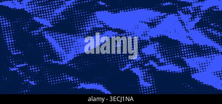Sfondo blu scuro con mezzitoni e carta arricciata. Sfondo della pagina di carta increspata punteggiata Navy. Trama ruvida e ruvida. Sovrapposizione di superfici deformate di cartoni animati pop art. Foglio di pagina danneggiato con effetto grunge obsoleto. Vettore Illustrazione Vettoriale