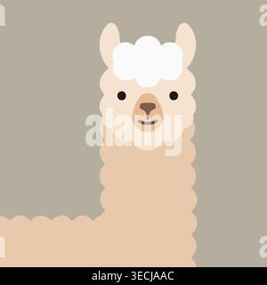 Semplice illustrazione ritratto di un soffice alpaca con orecchie arrotondate, lana morbida e un viso delicato su sfondo tenue. Illustrazione Vettoriale